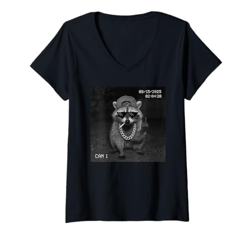Damen Funny Raccoon Flipping Off Middle Finger On Security Camera T-Shirt mit V-Ausschnitt Damen Funny Raccoon Flipping Off Middle Finger On Security Camera T-Shirt mit V-Ausschnitt von Raccoon Flipping Off Middle Finger Security Camera