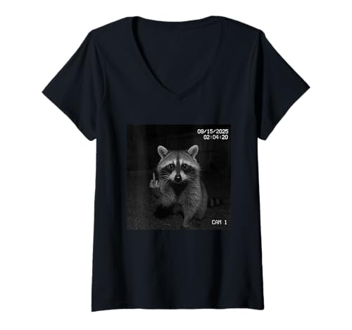 Damen Funny Raccoon Flipping Off Middle Finger On Security Camera T-Shirt mit V-Ausschnitt Damen Funny Raccoon Flipping Off Middle Finger On Security Camera T-Shirt mit V-Ausschnitt von Raccoon Flipping Off Middle Finger Security Camera