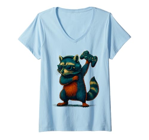 Damen Lustiger Waschbär Dabbing Videospiele Waschbär Männer Frauen Kinder T-Shirt mit V-Ausschnitt von Raccoon Funny Video Games Raccoon Apparel
