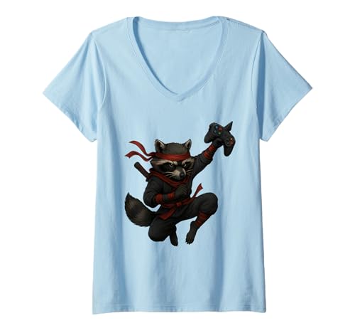 Damen Lustiger Waschbär Ninja Videospiele Grafik Männer Frauen Kinder T-Shirt mit V-Ausschnitt von Raccoon Funny Video Games Raccoon Apparel