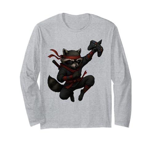 Lustiger Waschbär Ninja Videospiele Grafik Männer Frauen Kinder Langarmshirt von Raccoon Funny Video Games Raccoon Apparel