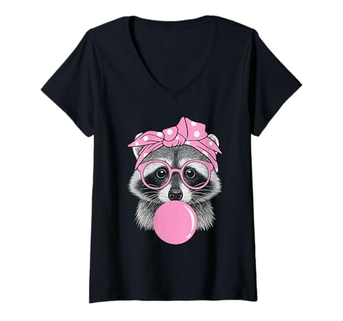 Damen Raccoon Wearing Bandana Glasses Bubble Gum T-Shirt mit V-Ausschnitt von Raccoon Glasses Bubble Gum Funny Apparel