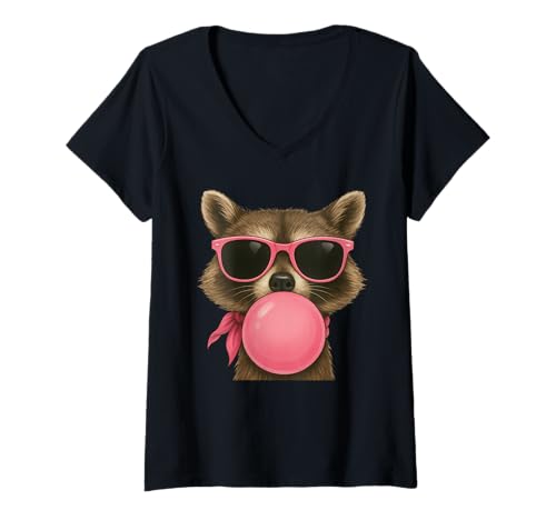 Damen Raccoon Wearing Sunglasses Bubble Gum T-Shirt mit V-Ausschnitt von Raccoon Glasses Bubble Gum Funny Apparel