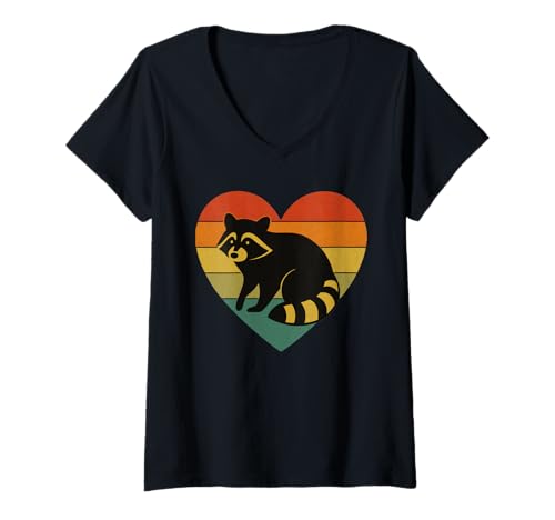 Damen Raccoon Graphic Heart Retro T-Shirt mit V-Ausschnitt Damen Raccoon Graphic Heart Retro T-Shirt mit V-Ausschnitt von Raccoon Graphic Heart Apparel
