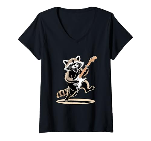 Damen Waschbär-Gitarre T-Shirt mit V-Ausschnitt von Raccoon Guitar Co