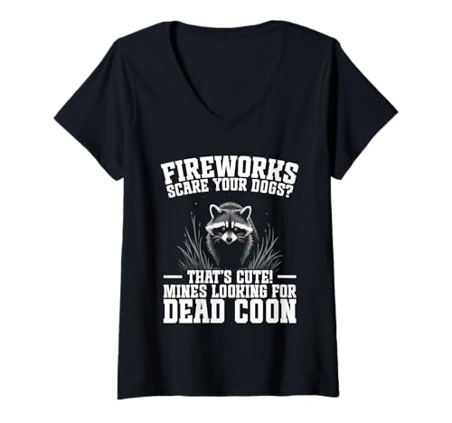Damen Coon Hunting Coonhound Feuerwerk Coonhunter Waschbärjäger T-Shirt mit V-Ausschnitt von Raccoon Hunting Outfit For Coonhunter & Enthusiast