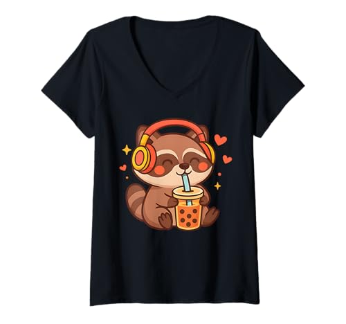 Damen Süßer Waschbär Kawaii Anime Trinken Bubble Tea Lover Girl T-Shirt mit V-Ausschnitt von Raccoon Kawaii Anime Drinking Bubble Tea.