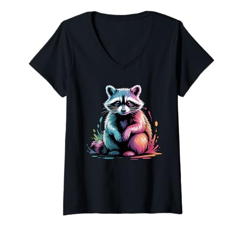 Damen Farbenfroher Waschbär-Poster-Stil, Farbspritzer, Kunstgrafik T-Shirt mit V-Ausschnitt von Raccoon Lover Apparel & Arts