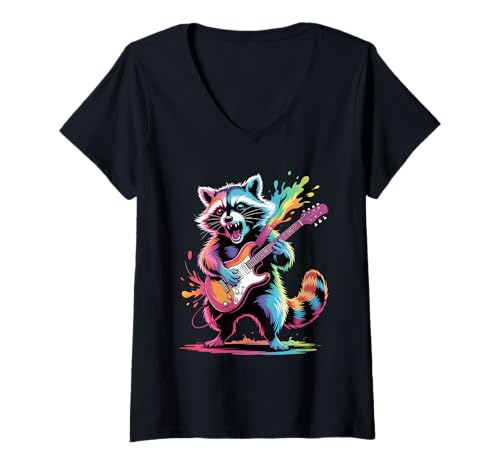 Damen Gitarre Waschbär Poster Stil Bunte Farbe Kunst Grafik T-Shirt mit V-Ausschnitt Damen Gitarre Waschbär Poster Stil Bunte Farbe Kunst Grafik T-Shirt mit V-Ausschnitt von Raccoon Lover Apparel & Arts
