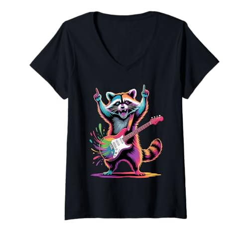 Damen Rock Waschbär spielt Gitarre Poster Stil Bunte Malerei Kunst T-Shirt mit V-Ausschnitt von Raccoon Lover Apparel & Arts
