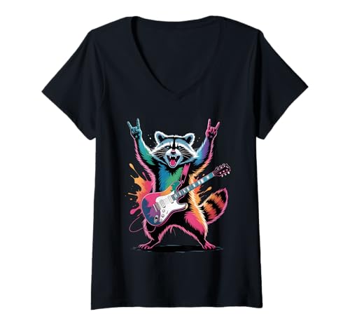 Damen Waschbär-Gitarristen-Poster-Stil, Bunte Malkunst-Grafik T-Shirt mit V-Ausschnitt Damen Waschbär-Gitarristen-Poster-Stil, Bunte Malkunst-Grafik T-Shirt mit V-Ausschnitt von Raccoon Lover Apparel & Arts