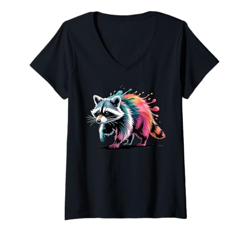 Damen Waschbär-Poster-Stil, Bunte Farbspritzer, Kunstgrafik T-Shirt mit V-Ausschnitt Damen Waschbär-Poster-Stil, Bunte Farbspritzer, Kunstgrafik T-Shirt mit V-Ausschnitt von Raccoon Lover Apparel & Arts