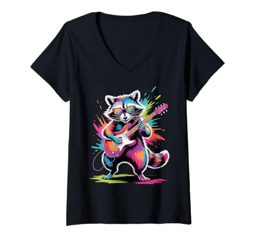 Damen Waschbär spielt Gitarre, Poster-Stil, Bunte Malkunst T-Shirt mit V-Ausschnitt Damen Waschbär spielt Gitarre, Poster-Stil, Bunte Malkunst T-Shirt mit V-Ausschnitt von Raccoon Lover Apparel & Arts