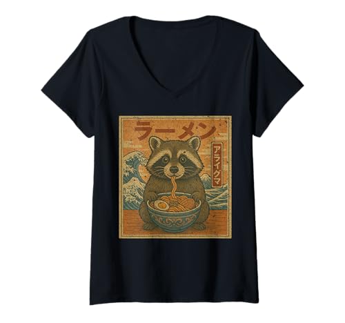 Damen Lustige Kawaii Ramen Japanische Nudeln Waschbär Essen Ramen T-Shirt mit V-Ausschnitt von Raccoon Lovers Cute Raccoon Eating Ramen shirt