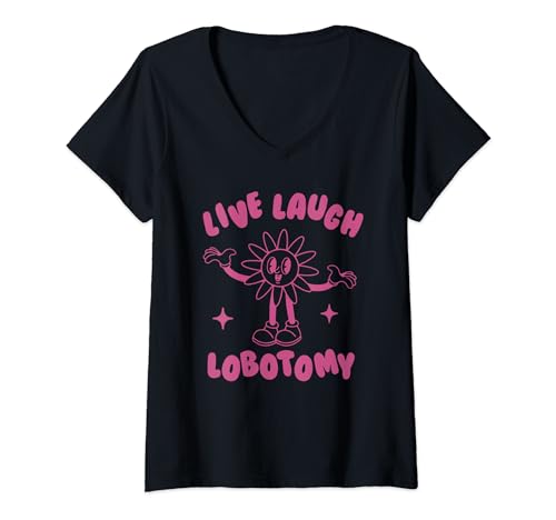 Damen Live Laugh Lobotomy, lustige seltsame Meme-Cartoon-Blume T-Shirt mit V-Ausschnitt von Raccoon Meme, Opossums Lover, Possums Meme