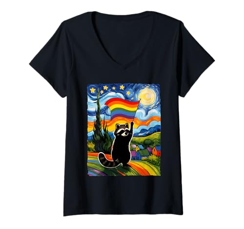 Damen Gay Pride Raccoon Art Sternennacht-Stil LGBTQ Pride Support T-Shirt mit V-Ausschnitt Damen Gay Pride Raccoon Art Sternennacht-Stil LGBTQ Pride Support T-Shirt mit V-Ausschnitt von Raccoon Outfits for LGBT Pride Month.