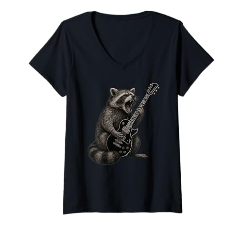 Damen Raccoon Playing Guitar Rock Funny T-Shirt mit V-Ausschnitt von Raccoon Playing Guitar Apparel
