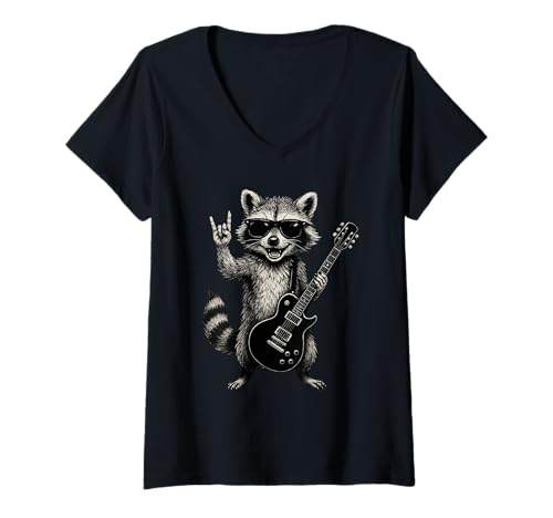 Damen Raccoon Playing Guitar Rock Funny T-Shirt mit V-Ausschnitt Damen Raccoon Playing Guitar Rock Funny T-Shirt mit V-Ausschnitt von Raccoon Playing Guitar Apparel
