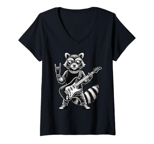Damen Raccoon Playing Guitar Rock Funny T-Shirt mit V-Ausschnitt von Raccoon Playing Guitar Apparel
