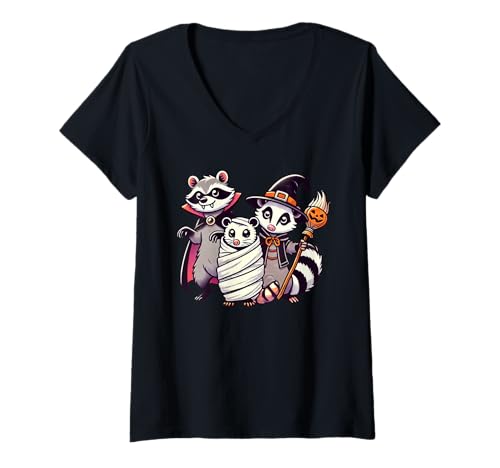 Damen Raccoon Possum Skunk Halloween Costume T-Shirt mit V-Ausschnitt von Raccoon Possum Skunk Halloween Costume Apparel