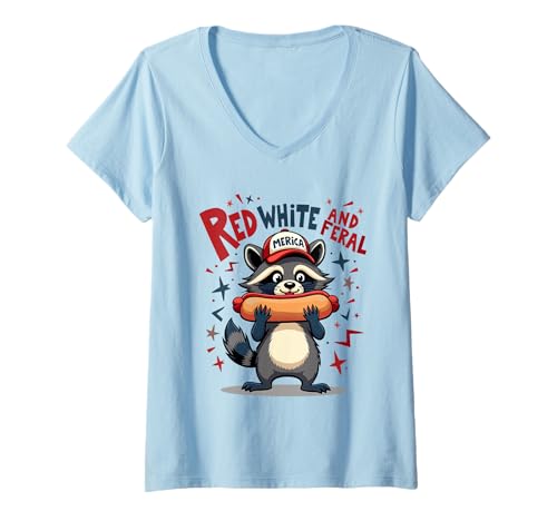 Damen Lustiger Waschbär 4. Juli patriotisch niedlich rot weiß und wild T-Shirt mit V-Ausschnitt Damen Lustiger Waschbär 4. Juli patriotisch niedlich rot weiß und wild T-Shirt mit V-Ausschnitt von Raccoon Red White And Feral 4th of july Patriotic