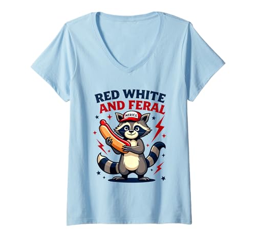 Damen Lustiger süßer Waschbär 4. Juli rot weiß und wilde Kleinkinder T-Shirt mit V-Ausschnitt Damen Lustiger süßer Waschbär 4. Juli rot weiß und wilde Kleinkinder T-Shirt mit V-Ausschnitt von Raccoon Red White And Feral 4th of july Patriotic