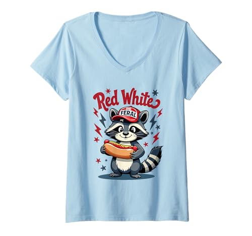 Damen Lustiger süßer Waschbär 4. Juli rot weiß und wilde Kleinkinder T-Shirt mit V-Ausschnitt von Raccoon Red White And Feral 4th of july Patriotic