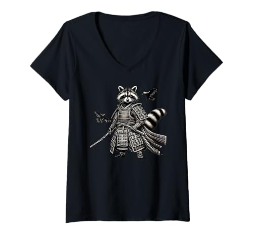 Damen Raccoon Samurai Art Japanese T-Shirt mit V-Ausschnitt Damen Raccoon Samurai Art Japanese T-Shirt mit V-Ausschnitt von Raccoon Samurai Art Japanese Apparel
