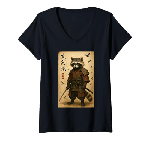 Damen Raccoon Samurai Art Japanese Vintage T-Shirt mit V-Ausschnitt Damen Raccoon Samurai Art Japanese Vintage T-Shirt mit V-Ausschnitt von Raccoon Samurai Art Japanese Apparel