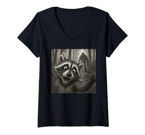 Damen Raccoon Selfie With Bigfoot Sasquatch Funny T-Shirt mit V-Ausschnitt von Raccoon Selfie With Bigfoot Funny Apparel
