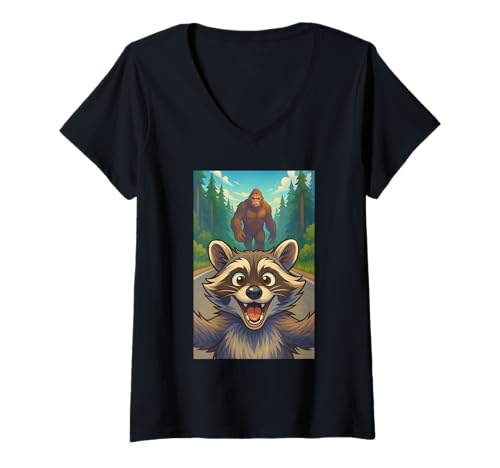 Damen Raccoon Selfie with Bigfoot Sasquatch Funny T-Shirt mit V-Ausschnitt von Raccoon Selfie With Bigfoot Funny Apparel