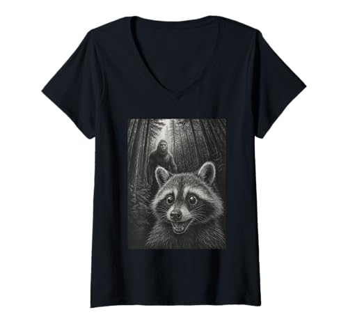 Damen Raccoon Selfie with Bigfoot Sasquatch Funny T-Shirt mit V-Ausschnitt von Raccoon Selfie With Bigfoot Funny Apparel