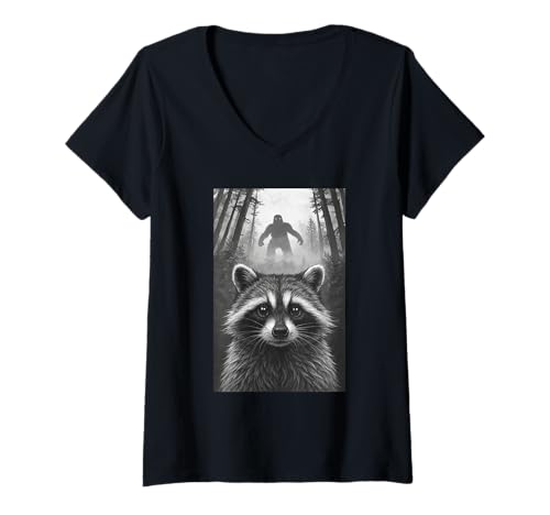 Damen Raccoon Selfie with Bigfoot Sasquatch Funny T-Shirt mit V-Ausschnitt von Raccoon Selfie With Bigfoot Funny Apparel