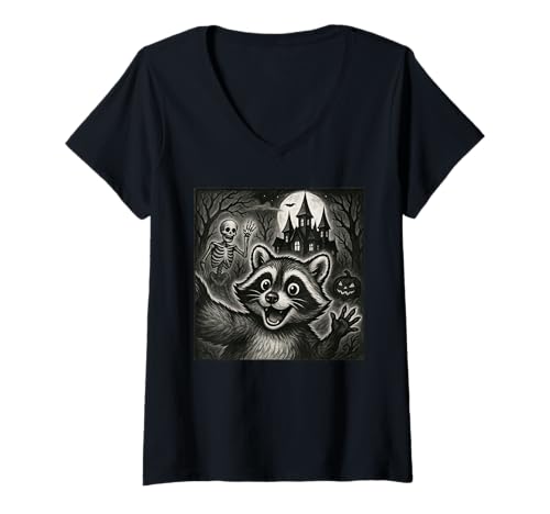 Damen Raccoon Selfie with Skeleton Pumpkin Halloween Funny T-Shirt mit V-Ausschnitt Damen Raccoon Selfie with Skeleton Pumpkin Halloween Funny T-Shirt mit V-Ausschnitt von Raccoon Selfie With Skeleton Funny Apparel