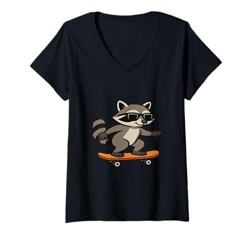 Damen Waschbär reitet auf einem Skateboard mit Sonnenbrille T-Shirt mit V-Ausschnitt von Raccoon Skateboard Rider With Shades Merch