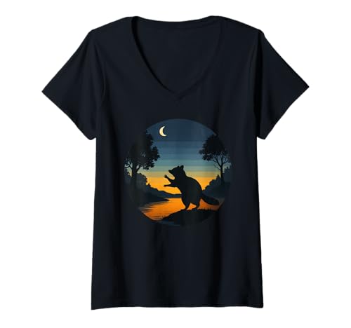 Damen Raccoon Sunset Nature Retro T-Shirt mit V-Ausschnitt Damen Raccoon Sunset Nature Retro T-Shirt mit V-Ausschnitt von Raccoon Sunset Graphic Apparel