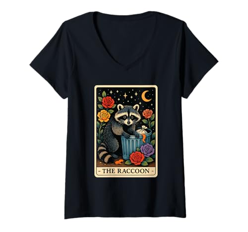 Damen Waschbär Tarot T-Shirt mit V-Ausschnitt von Raccoon Tarot Design
