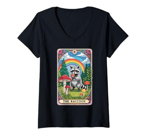 Damen The Raccoon Tarotkarte Hippie Pilz Lustiger Waschbär T-Shirt mit V-Ausschnitt Damen The Raccoon Tarotkarte Hippie Pilz Lustiger Waschbär T-Shirt mit V-Ausschnitt von Raccoon Tarot Designs