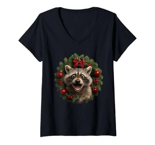 Damen Lustiger Waschbär Weihnachtskranz Weihnachten Müll Panda T-Shirt mit V-Ausschnitt von Raccoon Trash Panda Funny Christmas Animal Design