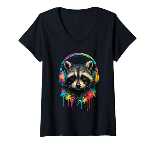 Damen Raccoon Wearing Headphones Cute Colorful Raccoon Music T-Shirt mit V-Ausschnitt von Raccoon Wearing Headphones Funny Apparel