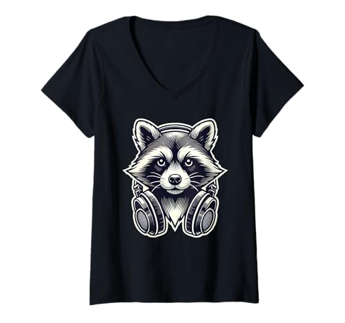 Damen Raccoon Wearing Headphones Funny Raccoon Lover T-Shirt mit V-Ausschnitt von Raccoon Wearing Headphones Funny Apparel