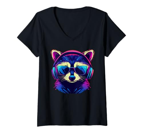 Damen Raccoon Wearing Headphones Sunglasses T-Shirt mit V-Ausschnitt von Raccoon Wearing Headphones Funny Apparel