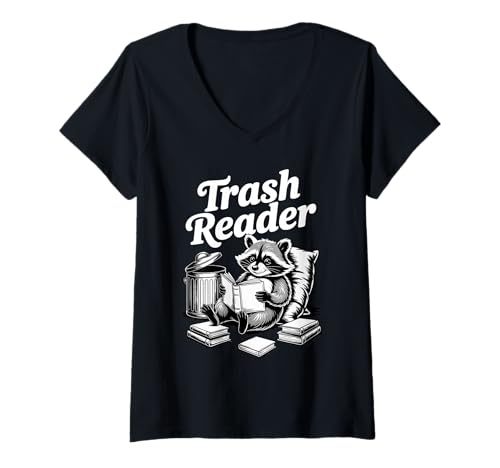 Damen Lustiger Waschbär Lesen eines Buches Vintage Müllleser T-Shirt mit V-Ausschnitt von Raccoon trash reader
