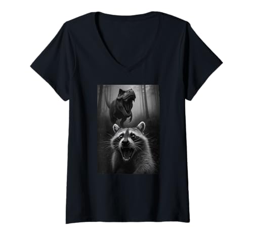 Damen Lustiger Waschbär Dinosaurier Trex Selfie Tierliebhaber Jungen Mädchen T-Shirt mit V-Ausschnitt von RaccoonAxis1