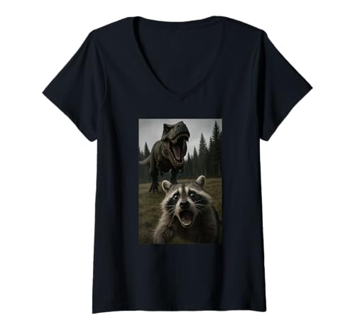 Damen Lustiger Waschbär Dinosaurier Trex Selfie Tierliebhaber Jungen Mädchen T-Shirt mit V-Ausschnitt von RaccoonAxis1