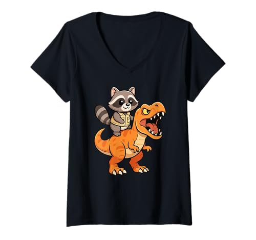 Damen Lustiger Waschbär Dinosaurier Trex Zoo Tierliebhaber Jungen Mädchen Kinder T-Shirt mit V-Ausschnitt Damen Lustiger Waschbär Dinosaurier Trex Zoo Tierliebhaber Jungen Mädchen Kinder T-Shirt mit V-Ausschnitt von RaccoonAxis1