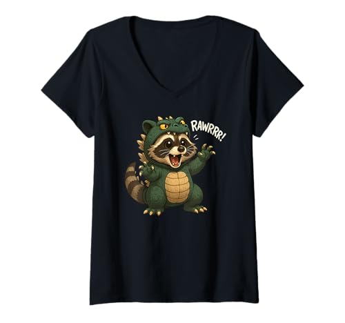 Damen Waschbär Dinosaurier Kostüm Tierliebhaber Rawrrr Jungen Mädchen Kinder T-Shirt mit V-Ausschnitt von RaccoonAxis1