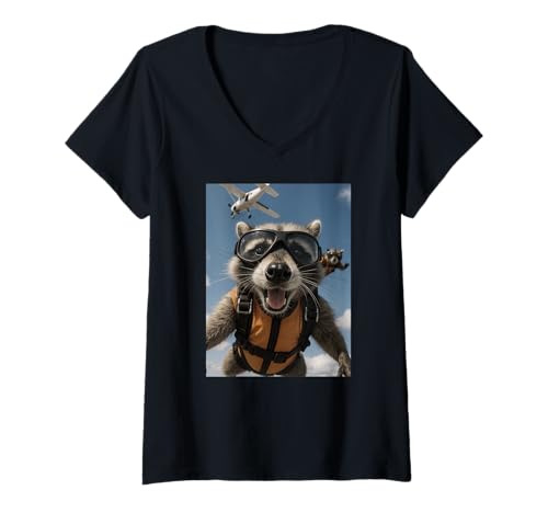 Damen Waschbär Sky Diving Animal Lover Diver Zoo Jungen Mädchen Kinder T-Shirt mit V-Ausschnitt von RaccoonAxis1