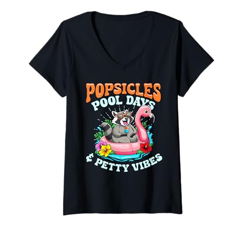 Damen Popsicles Pool Days Petty Vibes Süßer Waschbär Float T-Shirt mit V-Ausschnitt von RaccoonFun