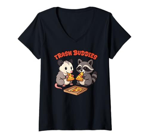 Damen Waschbär Opossum Trash Buddies Pizza Jungen Mädchen Kinder T-Shirt mit V-Ausschnitt von RaccoonOpossumAxis1